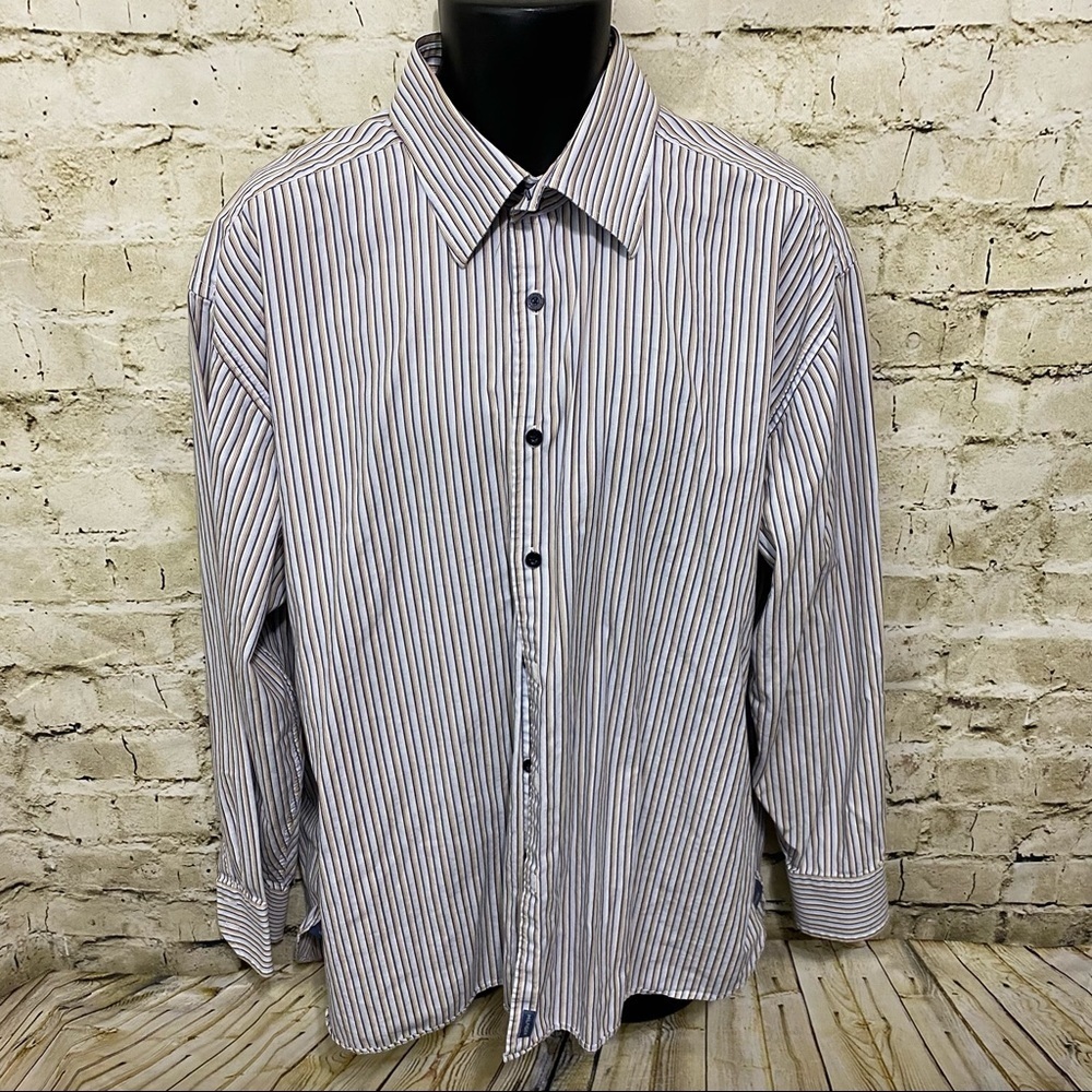 Tommy Hilfiger Blue Tan Striped Cotton Button Up Shirt